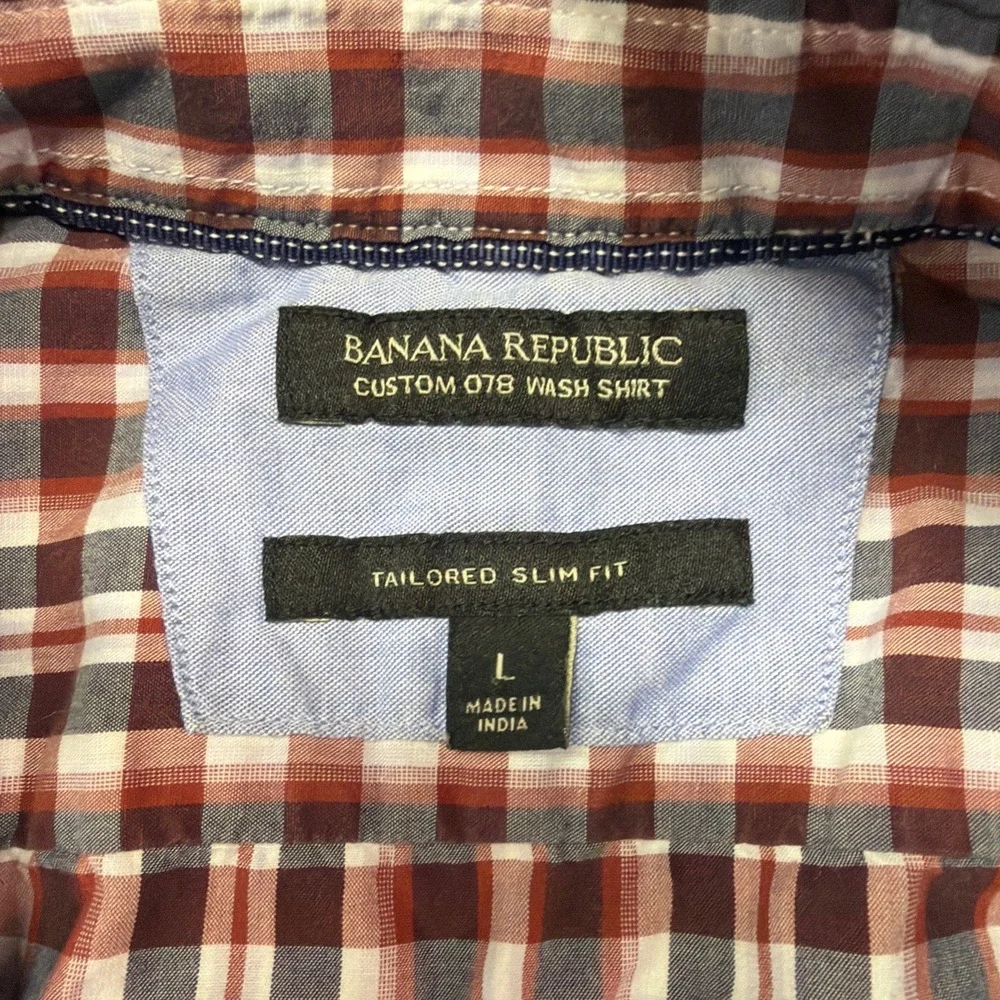Banana Republic Custom Shirt L Tailored Slim Fit Plaid Red Blue career‎ church